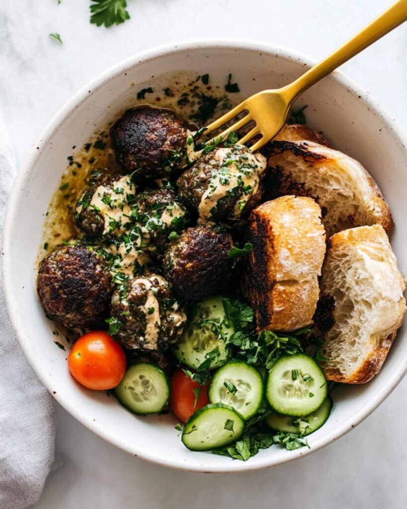 Sheet Pan Meatballs with Tomato Salad and Green Sauce Recipe