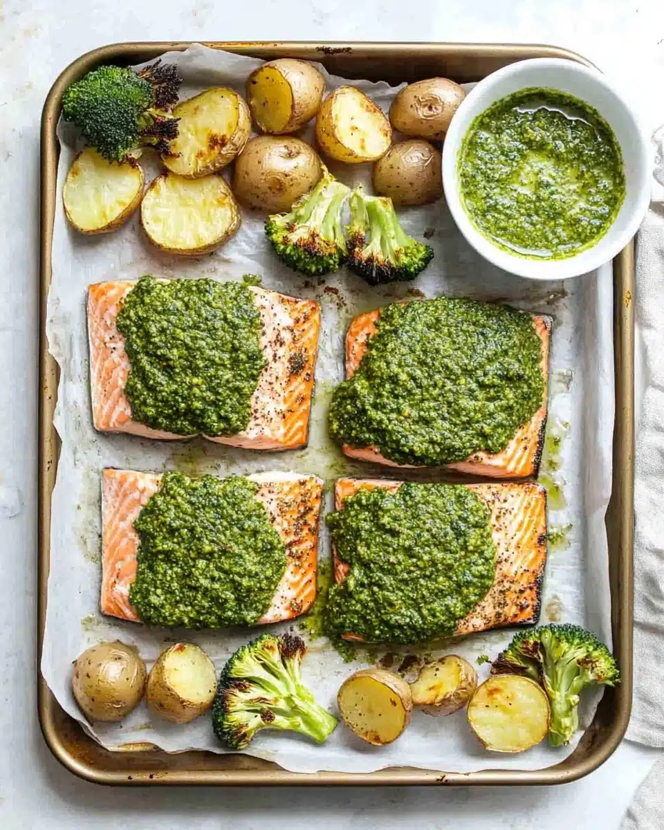 Sheet Pan Pesto Salmon with Potatoes and Broccoli Recipe