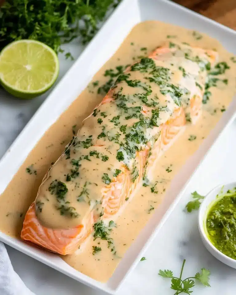 Salmon Poached in Coconut Milk with Lime Cilantro Drizzle Recipe