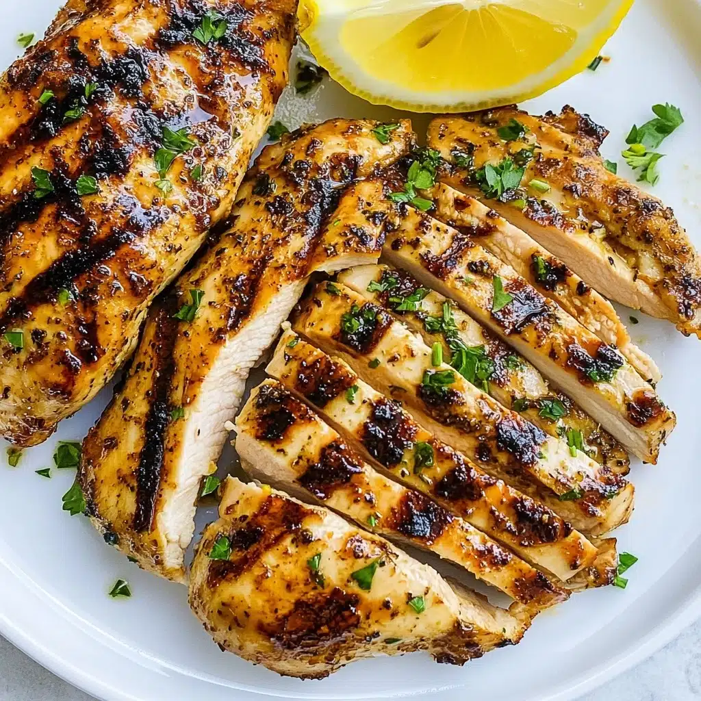 Grilled Juicy Ginger-Lemon Chicken, citrus grilled chicken, healthy grilled chicken recipe, easy lemon ginger chicken, summer grilled chicken A white plate holds two grilled chicken pieces with a shiny, golden-brown outside and some dark grill marks. One piece is whole and thick, while the other is sliced into even strips showing the light cooked inside. Both have small green parsley bits sprinkled over them. A bright yellow lemon wedge with green parsley sits on top of the sliced chicken. The plate and chicken rest on a white marbled surface.