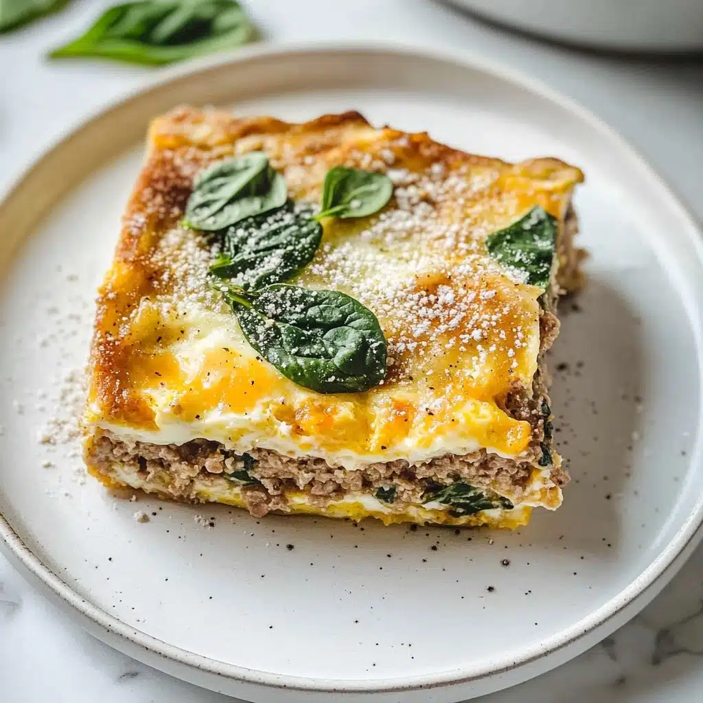 Turkey and Egg Breakfast Casserole, Healthy breakfast casserole with turkey and eggs, Easy morning egg bake with lean ground turkey, Nutritious sweet potato breakfast casserole, Filling brunch casserole with eggs and turkey A square piece of baked egg dish on a white plate sits on a white marbled surface. The dish has three visible layers: a bottom light brown layer that looks like cooked ground meat, a middle thick pale yellow egg layer with small air holes, and a top golden brown layer with a lightly crispy texture. On top, there are fresh green spinach leaves scattered, along with a dusting of white grated cheese. The edges of the dish are slightly browned, giving a baked look.