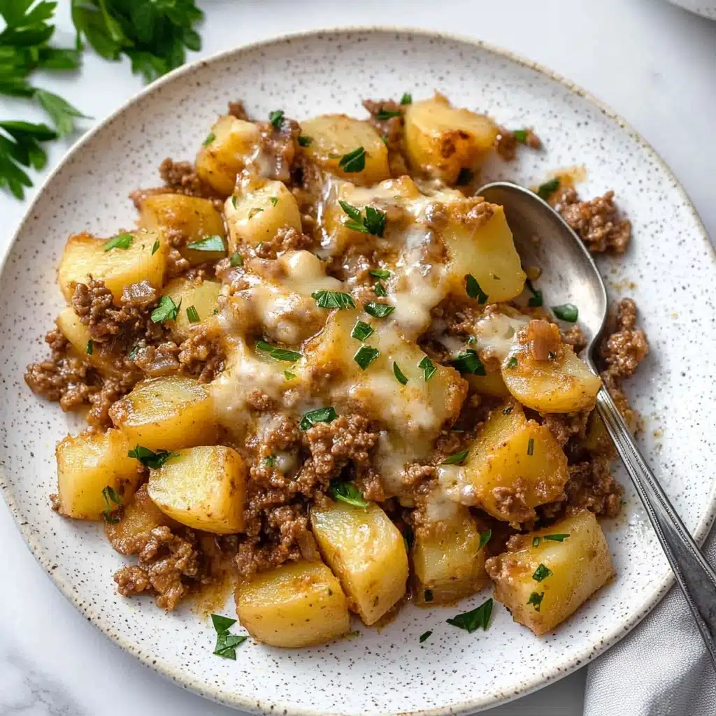 Cheesy Ground Beef and Potatoes, Ground Beef and Potatoes Dinner, Cheesy Beef and Potatoes, Hearty Ground Beef Potato Casserole, Easy Ground Beef Potato Recipe A white speckled plate holds a dish made of many small, uneven cubed potatoes with brown skin and soft yellow inside, mixed with ground meat that looks cooked and browned, all covered in a glossy sauce with melted cheese scattered throughout. Small bits of green herb garnish are sprinkled on top, adding touches of bright green. A silver spoon rests on the right side of the plate, partially submerged in the food, and a sprig of fresh green parsley is on the white marbled surface in the background.