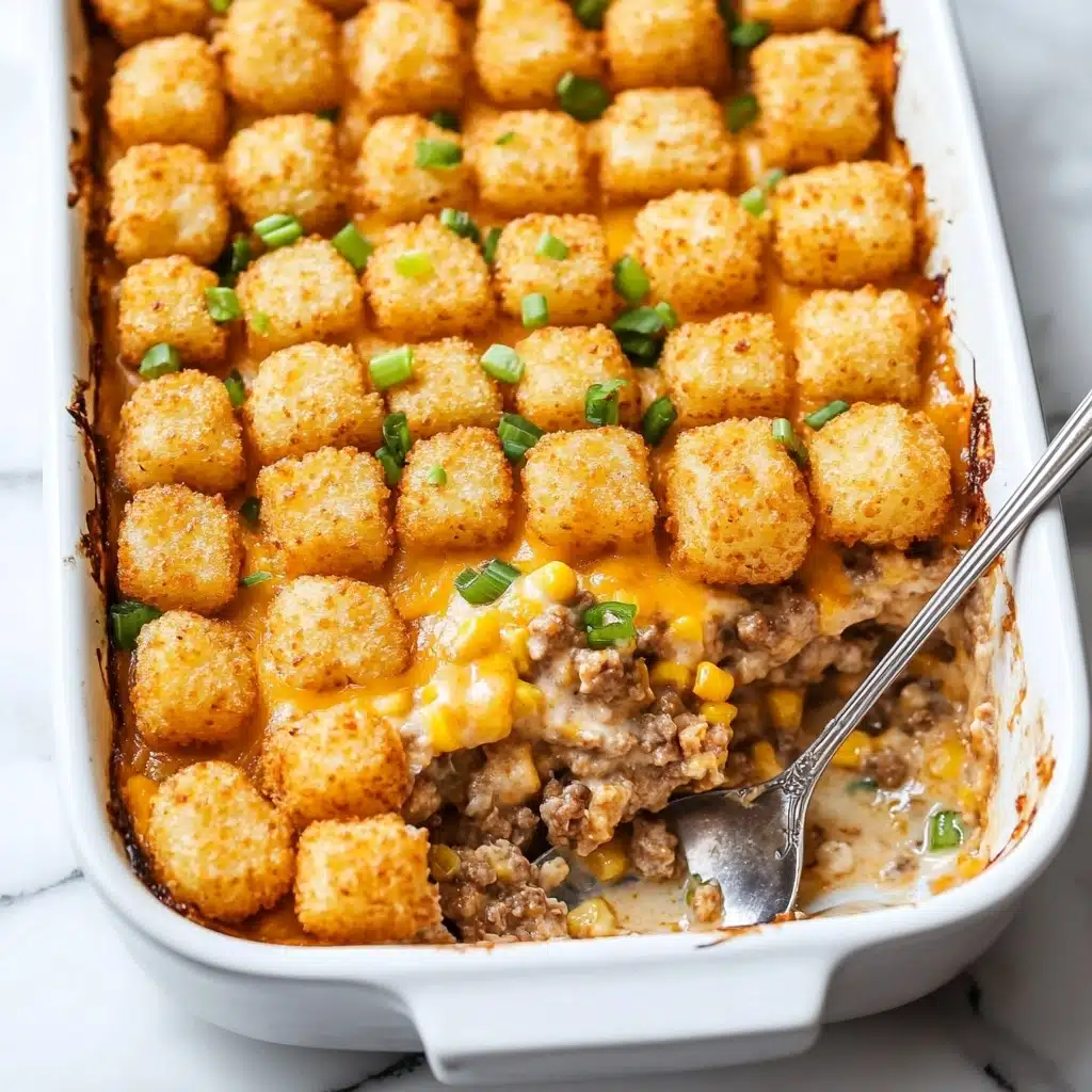 Tater Tot Casserole, Tater Tot casserole recipe, cheesy Tater Tot casserole, ground beef Tater Tot bake, comforting Tater Tot casserole A white rectangular baking dish filled with a layered casserole, topped with a neat grid of golden-brown tater tots covering the entire surface, sprinkled with small pieces of chopped green onion. One corner of the casserole is scooped out, showing the inside layers of creamy mixture with visible ground meat, melted cheddar cheese, corn kernels, and small bits of onion, all held together in a rich sauce. A silver serving spoon holds a scoop of the casserole, resting on the edge of the dish. The dish is placed on a white marbled surface.