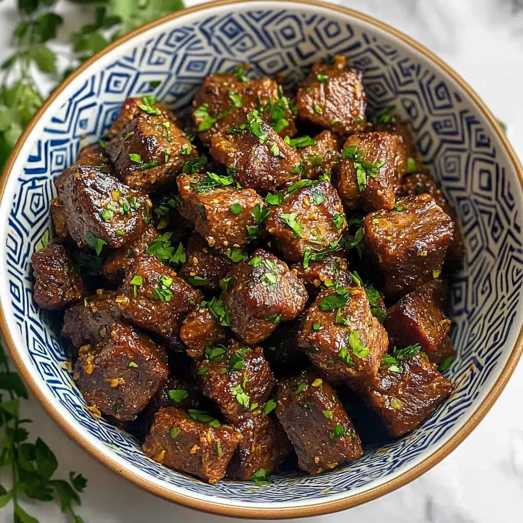 Garlic Butter Steak Bites, Steak Bites Recipe, Easy Steak Dinner, Quick Steak Appetizer, Tender Steak Bits A bowl filled with many small, dark brown cooked meat cubes that have a slightly crispy texture on the outside, sprinkled with chopped green herbs. The bowl is white with blue geometric patterns inside and round brown dots near the edges. The background is a white marbled surface with some green leaves on the side. The