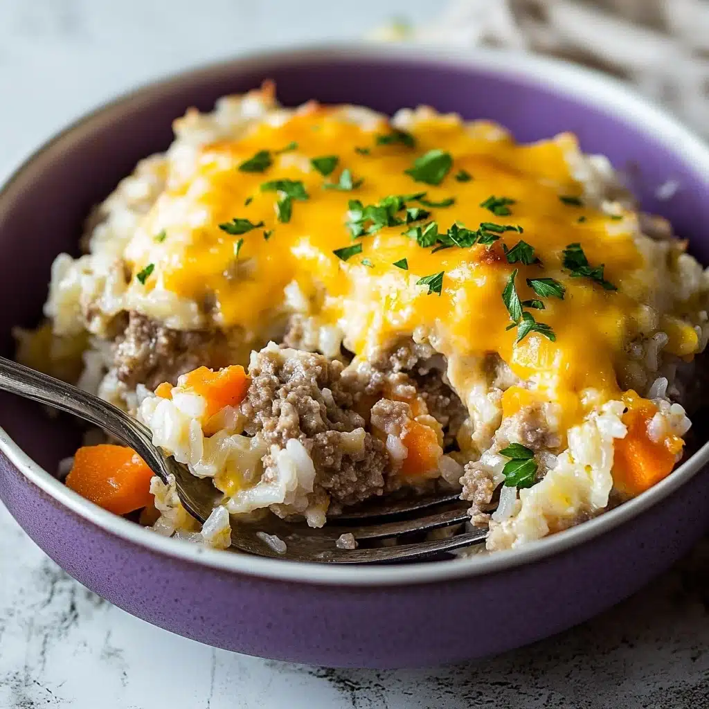 Cheesy Ground Beef and Rice Casserole, Ground Beef and Rice Bake, Easy Cheesy Beef Casserole, Hearty Rice and Beef Casserole, Comfort Food with Ground Beef The image shows a serving of rice casserole in a white bowl with a purple inside. The dish has at least three layers: the bottom is a mix of cooked white rice and small pieces of ground meat with bits of orange carrots; the middle layer shows melted yellow cheese that covers the rice and meat mix; small green herbs are sprinkled on top, adding fresh color. A silver fork is resting on the edge of the bowl. The background is a white marbled texture.