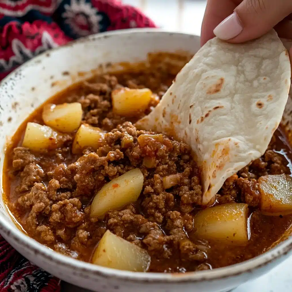 Mexican Picadillo, Mexican Picadillo recipe, savory beef picadillo, hearty Mexican ground beef dish, versatile Mexican filling A close-up of a white bowl with dark swirl lines holding a stew made of brown cooked ground meat with small light-yellow potato pieces mixed in a thin reddish-brown sauce. A woman's hand is seen dipping a folded white tortilla into the stew, with extra white tortillas resting on the side inside the bowl. The bowl sits on a white marbled surface with a red and black woven cloth underneath partially visible. The