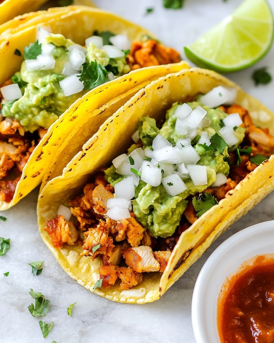 Chicken Street Tacos Onion Salsa, chicken street tacos, Mexican chicken tacos, easy street tacos recipe, flavorful taco recipes Three tacos lie close together on a white marbled surface, each with two soft, folded yellow corn tortillas forming one layer. Inside, the base layer is crumbled cooked meat with a light brown color and slightly crispy texture. On top of the meat is a thick layer of finely chopped white onions and green herbs, adding freshness and color contrast. Over the onions and herbs, small dollops of thick, pale green guacamole are placed, along with drizzles of reddish-orange hot sauce. In the bottom right corner, there is a small white bowl filled with some of the reddish-orange sauce, and a lime wedge rests at the bottom left edge. The photo is taken with an iphone