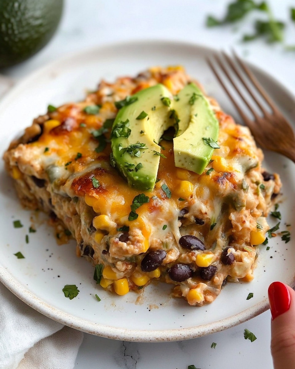 Southwestern Chicken and Rice Bake, Southwest chicken and rice casserole, easy southwestern chicken recipes, cheesy chicken and rice bake, quick weeknight chicken bake A white plate holds a serving of a baked dish with a rich mix of textures and colors. The bottom layer looks creamy and soft with a mix of light beige and yellow shades, showing corn kernels and black beans scattered throughout. On top, melted golden cheese covers the dish with a bubbly texture, sprinkled with small bits of chopped green herbs for freshness. There are three bigger pale green avocado chunks placed on top of the cheese layer, adding brightness and smoothness. Around the edges of the plate, there are tiny green herb pieces and a few red chili flakes. A fork with a wooden handle rests on the right side of the plate. A woman's hand with red nail polish holds the plate on the left bottom corner, and the background shows a white marbled surface.