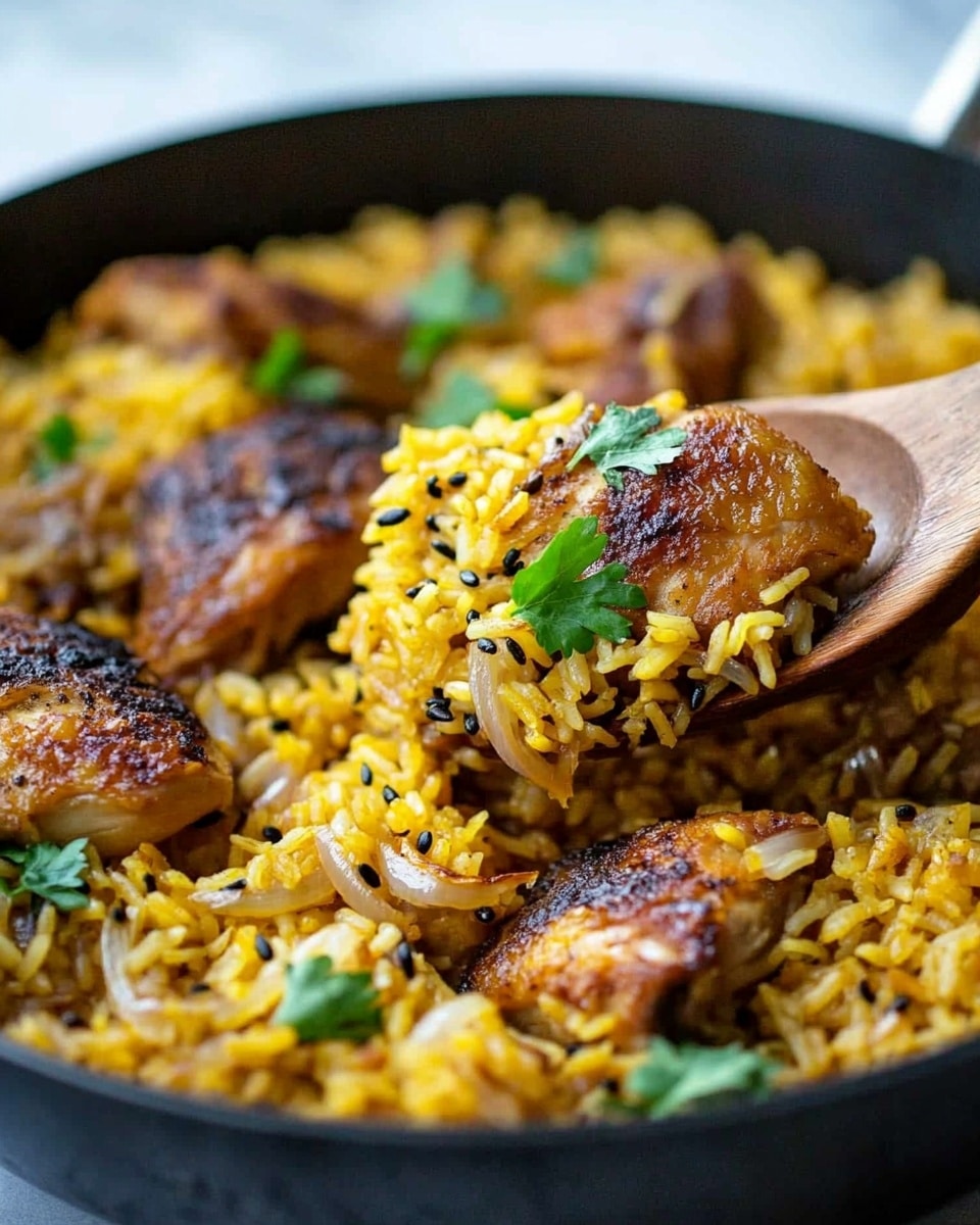 Persian Chicken with Saffron Rice and Barberries, Persian chicken recipe, saffron rice dish, Middle Eastern chicken dinner, easy Persian main course A close-up of a dark pan filled with yellow rice mixed with slices of translucent cooked onions and small black seeds, garnished with green parsley leaves. On top of the rice, there are several browned pieces of chicken with a crispy surface. A wooden spoon held by a woman's hand lifts a portion of the rice and onions from the pan, showing the texture and color clearly. The background is a white marbled surface, softly out of focus.