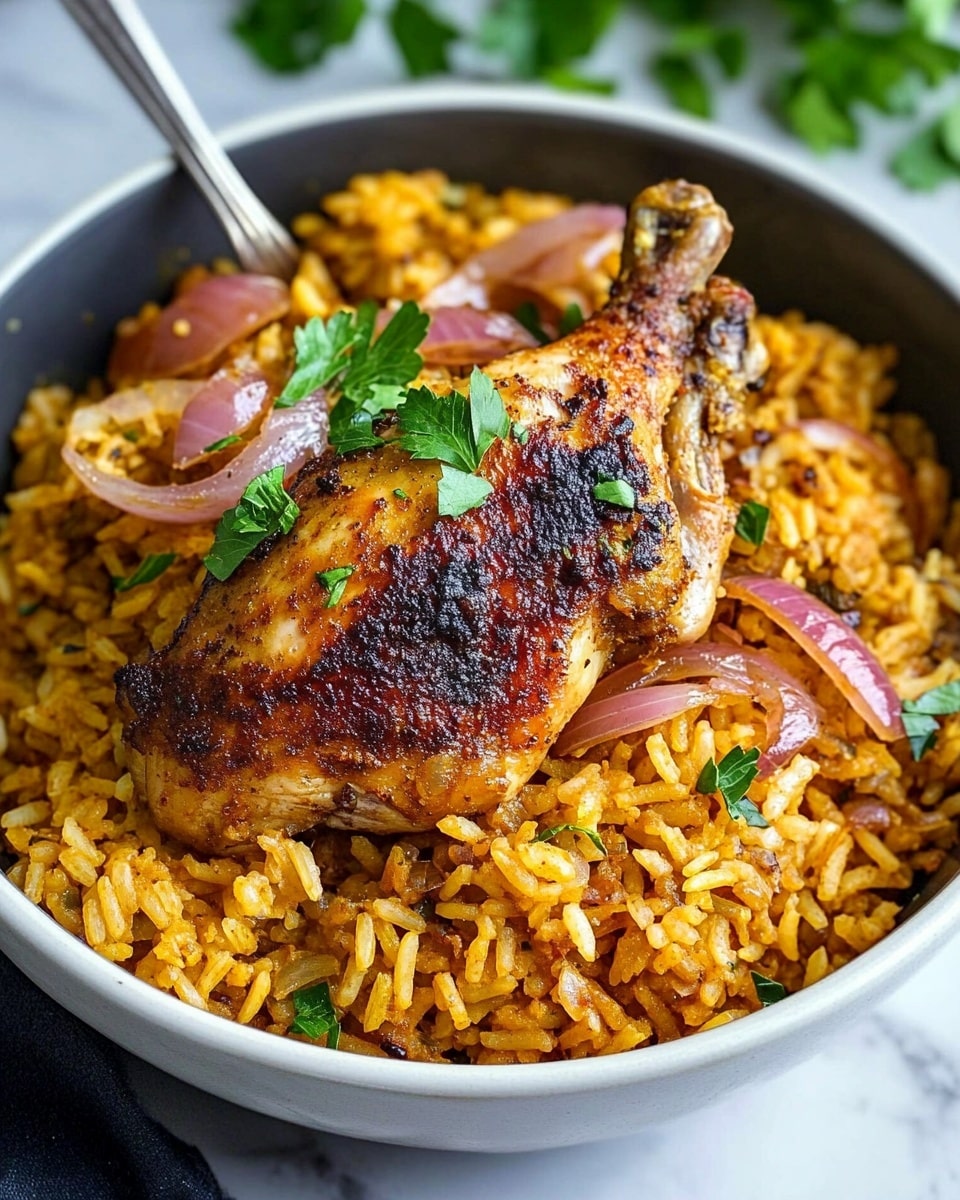 Persian Chicken with Saffron Rice and Barberries, Persian chicken recipe, saffron rice dish, Middle Eastern chicken dinner, easy Persian main course A white bowl sits on a white marbled surface, filled with a base layer of golden yellow rice mixed with small dark spices and light cooked onion slices scattered throughout. On top of the rice lies a single seasoned and cooked chicken piece with a browned, slightly crispy texture. Thin pinkish-cooked onion slices rest on and around the chicken. The dish is garnished with a small bunch of fresh green parsley placed on the chicken. A silver fork is inserted into the rice at the top left of the bowl.