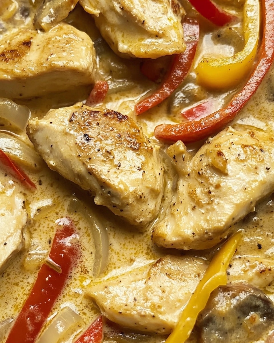 Creamy Pepperoncini Chicken, easy chicken dinner, flavorful chicken recipes, quick weeknight chicken, savory pepperoncini chicken The image shows several pieces of golden-brown cooked chicken layered on a creamy sauce. Around the chicken, there are slices of red bell peppers and rings of light yellow pepper, both mixed into the sauce. Small bits of onions or garlic pieces are scattered over the dish, adding texture. The sauce looks rich and smooth, light beige in color, surrounding and partly covering the chicken and vegetables. The whole dish is presented in a close-up view, showing the details of the cooked ingredients clearly.