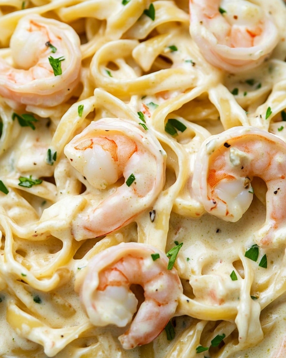 Creamy Prawn Linguine, seafood pasta recipes, easy prawn pasta, elegant weeknight dinners, creamy seafood linguine This image shows a close-up of creamy shrimp pasta. The dish has one main layer of pale yellow fettuccine noodles coated in a thick, creamy white sauce. Mixed throughout are medium-sized pink shrimp that look cooked, with a smooth texture. You can see small green parsley flakes sprinkled over the top, adding contrast. The pasta and shrimp twist and overlap closely, filling the whole frame. The background is a white marbled surface.