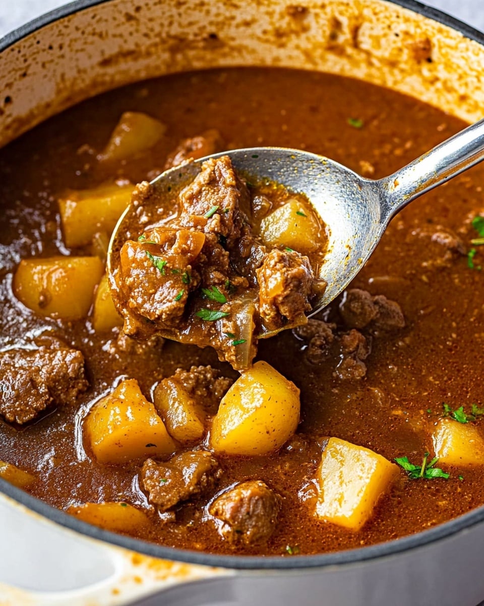Carne con Papas, Mexican Beef and Potato Stew, Authentic Mexican Stew, Hearty Mexican Comfort Food, Easy Mexican Beef Recipe A close-up view of a large white pot filled with thick brown stew with visible chunks of tender brown meat and small yellow potato pieces, all coated in a rich, slightly glossy sauce with green herb bits sprinkled throughout. A silver ladle holds a scoop of the stew above the pot, showing the chunky texture and warm tones of the dish. The background features a white marbled surface under soft natural light, highlighting the hearty and comforting appearance of the stew