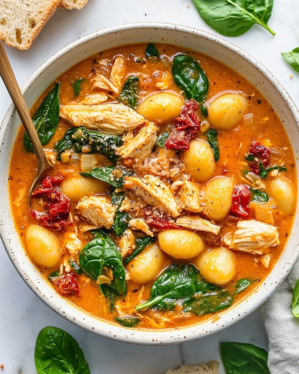 The image shows a white bowl filled with a creamy orange soup that has a rich and smooth texture. Inside the soup, there are three layers of light yellow gnocchi that look soft and rounded, scattered evenly throughout. Pieces of cooked chicken are mixed in, appearing tender and light beige in color. Bright green fresh spinach leaves are placed on top and within the soup, adding a fresh, leafy texture. There are also chunks of red tomato adding a vibrant contrast, and a light sprinkle of crushed nuts and spices on top. A silver spoon with a wooden handle rests inside the bowl on the left side. The bowl is placed on a white marbled surface. photo taken with an iphone --ar 4:5 --v 6.1