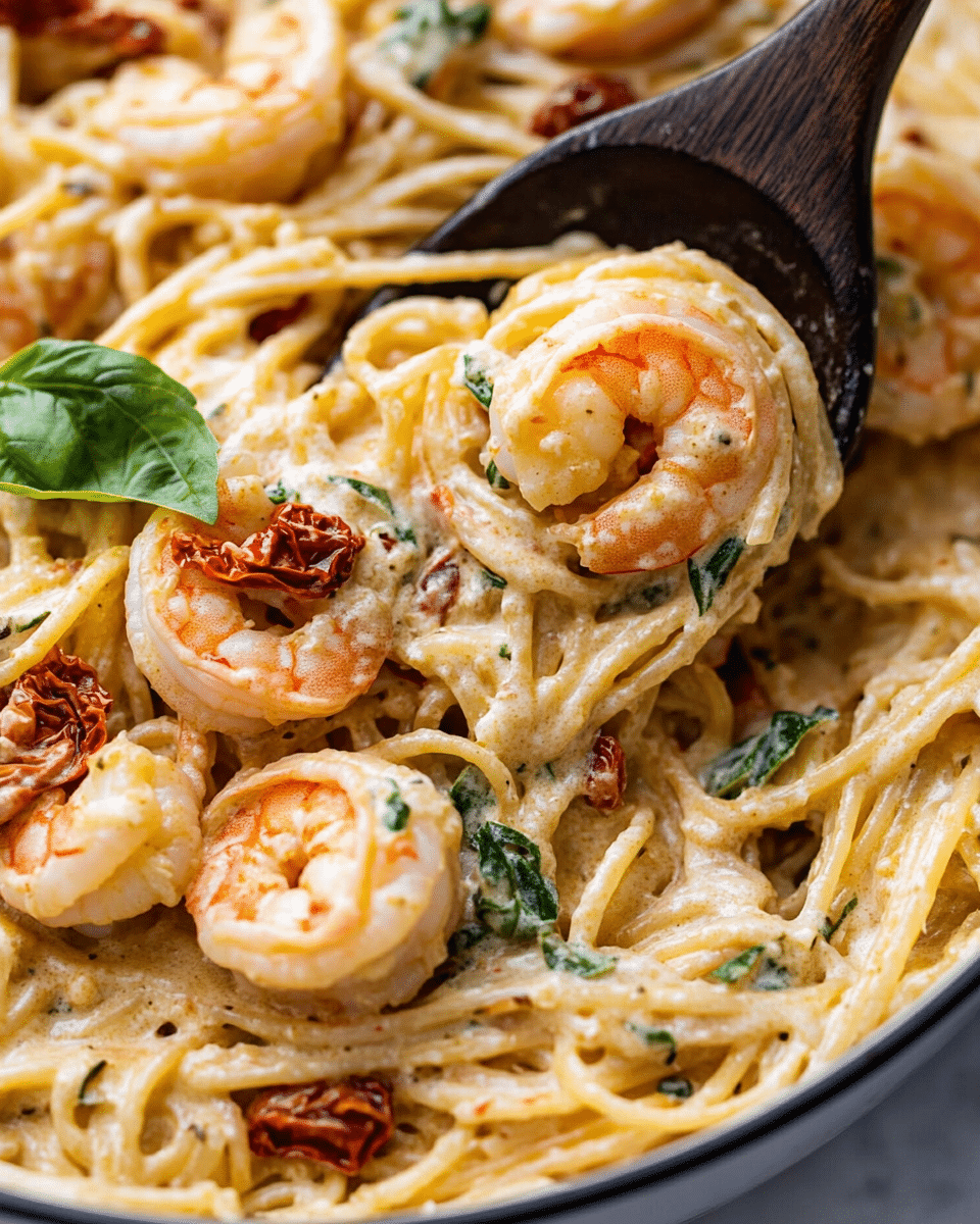 A black pan with a wooden handle holds creamy shrimp pasta. The dish has twisted spaghetti noodles coated in a light orange cream sauce mixed with bright orange cooked shrimp, dark green spinach leaves, and small pieces of red sun-dried tomatoes. A fresh dark green basil leaf sits on top as a garnish. The pan is placed on a white marbled surface next to a striped blue cloth and some chunks of pale yellow cheese. photo taken with an iphone --ar 4:5 --v 6.1