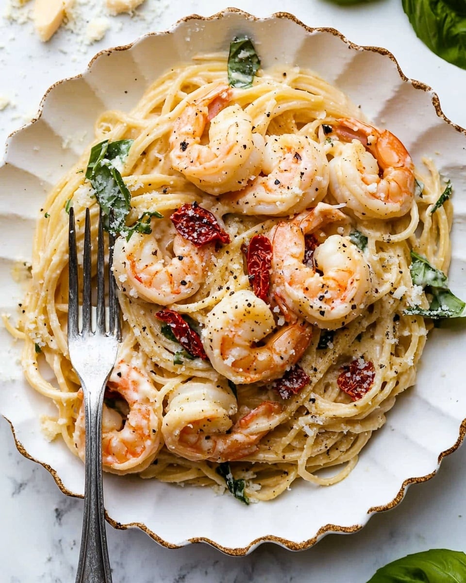 The dish shows a white scalloped plate filled with creamy spaghetti pasta mixed with orange-pink shrimp and small pieces of sun-dried red tomatoes. The pasta is coated in a light cream sauce with specks of black pepper and small green basil leaves scattered through it. Some white crumbled cheese is sprinkled on top. A silver fork is placed in the pasta, with strands of spaghetti wrapped around its tines. The background has a white marbled texture with some fresh basil leaves on the right side and coarse cheese crumbs on the upper left. photo taken with an iphone --ar 4:5 --v 6.1