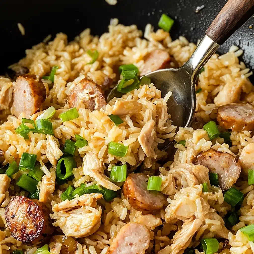 Chicken and Sausage Cajun Jambalaya, Cajun Jambalaya recipe, spicy Cajun rice dish, hearty Cajun one-pot meal, easy Cajun chicken and sausage This image shows a close-up of a cooking pan filled with a mixture of yellowish cooked rice, pieces of cooked light brown chicken, and browned sausage slices. The dish is garnished with chopped green onions and small bits of green herbs scattered throughout. A metal spoon with a wooden handle is scooping up some of the rice and sausage, partially buried inside the pan. The pan has a dark, textured surface that contrasts with the light colors of the food. The photo was taken with an iphone