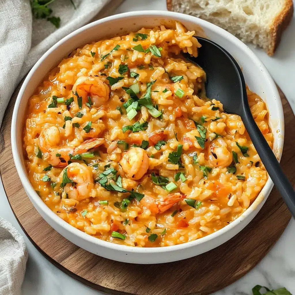 Marry Me Shrimp and Orzo, Shrimp and Orzo Recipe, Easy Shrimp Pasta, Elegant Weeknight Dinner, Quick Seafood Pasta A large white bowl filled with a creamy orange-colored rice dish that has small pieces of shrimp mixed throughout. The dish shows a soft, saucy texture with rice grains evenly coated in the creamy sauce, dotted with bits of red and green herbs. On top, there are sliced green onions and chopped parsley for garnish. A black spoon is partially immersed in the bowl, resting on the side. The bowl sits on a wooden board with a piece of garlic bread at the corner, all placed on a white marbled surface.