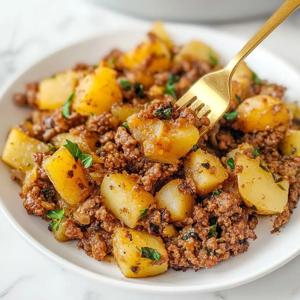 Beef and Potatoes Skillet, hearty beef skillet recipe, easy beef potato dinner, one-pan beef and potatoes, comforting beef skillet meal The image shows a white plate filled with a cooked mixture of browned ground meat and golden yellow potatoes, cut into chunks. The meat appears crumbly and mixed evenly with the potatoes, some of which have a slightly crispy brown edge. Small bits of green herbs are scattered on top and throughout the dish for added color. A gold fork is holding a bite-sized piece, lifting it above the plate against a white marbled surface background.