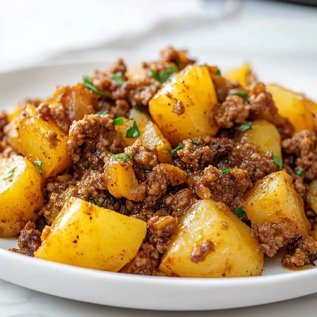 Beef and Potatoes Skillet, hearty beef skillet recipe, easy beef potato dinner, one-pan beef and potatoes, comforting beef skillet meal A close-up view of a white plate filled with a dish made of browned cooked ground meat mixed with large chunks of golden-yellow cooked potatoes. The meat looks crumbly and spicy with some green herbs mixed in, adding small green spots on top. The dish is mixed evenly without any separate layers, and the colors range from the rich brown of the meat to the soft yellow of the potatoes. The plate sits on a white marbled texture with soft natural lighting highlighting the moist texture of the food.
