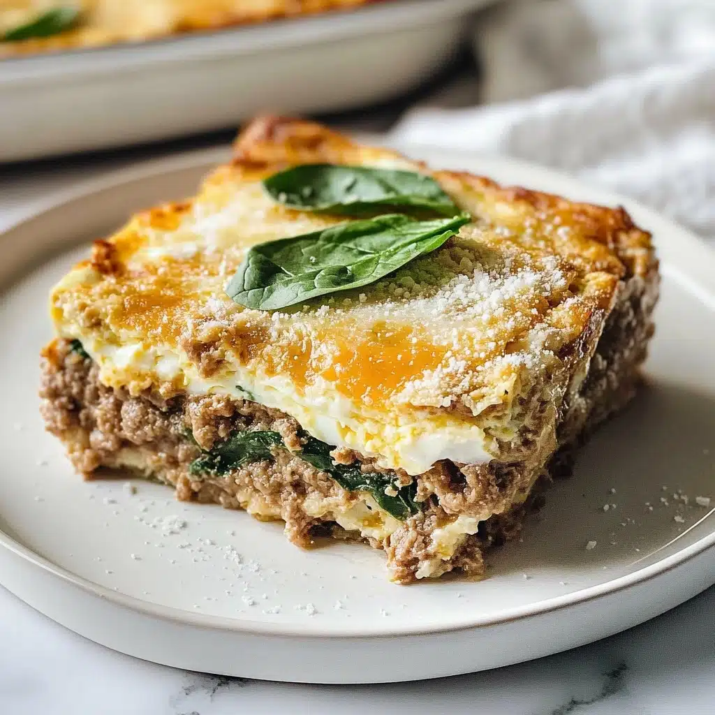 Turkey and Egg Breakfast Casserole, Healthy breakfast casserole with turkey and eggs, Easy morning egg bake with lean ground turkey, Nutritious sweet potato breakfast casserole, Filling brunch casserole with eggs and turkey A baked dish in a square beige casserole shows three main layers: the bottom layer of cooked sausage pieces, a middle layer of melted golden-yellow cheese mixed with white creamy spots, and on top, fresh green spinach leaves spread evenly. The cheese layer has a slightly browned texture at the edges, and the spinach leaves look fresh and soft. The casserole sits on a white marbled surface with a light checkered cloth beneath it.