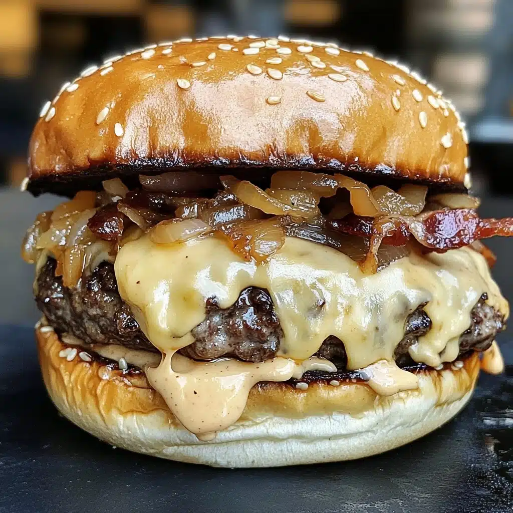 Smash Burgers with Baconnaise Sauce, bacon cheeseburgers, easy gourmet burger recipes, crispy smash burgers, flavorful bacon sauce A close-up of a burger with three main layers inside a sesame seed white bun. The bottom layer is a thick, juicy brown beef patty with caramelized golden-brown onions on top. Next is a layer of melted white cheese oozing over the patty. Above the cheese is a thick layer of creamy light yellow sauce with bits of bacon mixed in, dripping down the sides. The top white sesame bun rests on this sauce, slightly shiny and soft-looking. The burger sits on a dark surface with a blurred background,