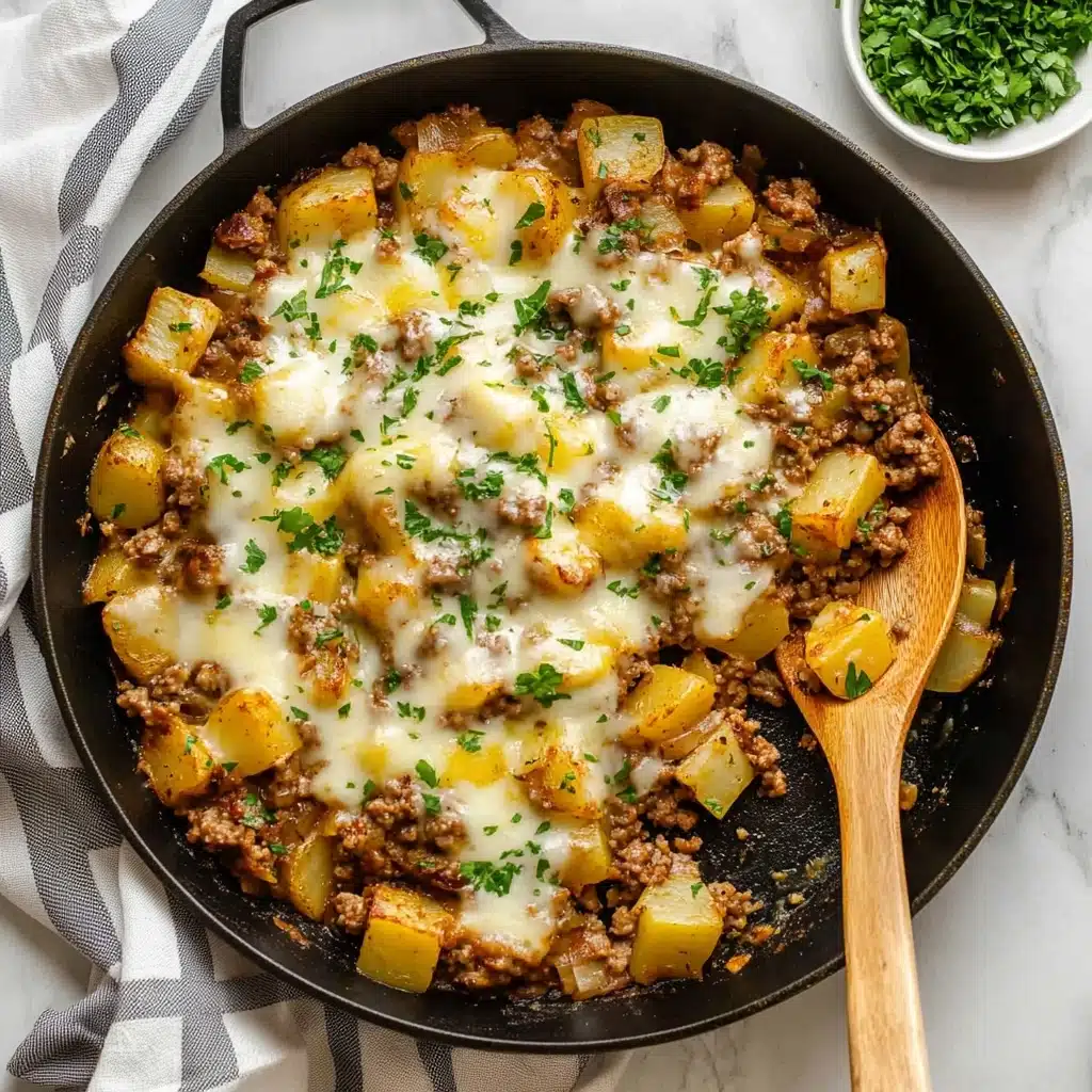 Cheesy Ground Beef and Potatoes, Ground Beef and Potatoes Dinner, Cheesy Beef and Potatoes, Hearty Ground Beef Potato Casserole, Easy Ground Beef Potato Recipe The image shows a black skillet filled with a cooked dish layered with small cubed potatoes that have a golden-brown skin, mixed with browned ground meat, and melted cheese on top that is white and yellow with a slightly bubbly texture. The dish is garnished lightly with green herbs scattered across the surface. A wooden spoon rests inside the skillet on the right side, partially covered by the food. The skillet sits on a white marbled surface with a small white bowl filled with chopped green herbs nearby and a light striped cloth under the skillet's handle.