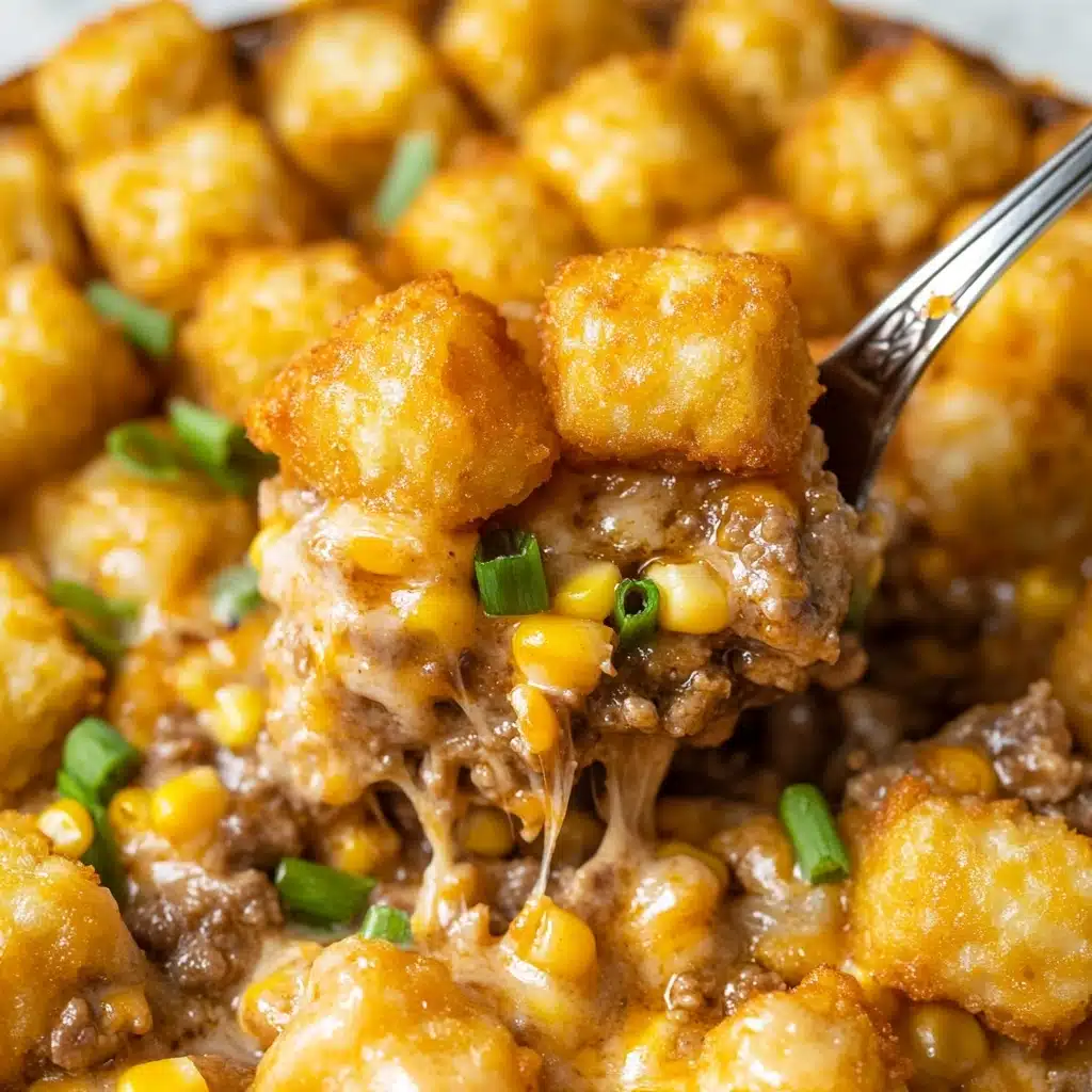 Tater Tot Casserole, Tater Tot casserole recipe, cheesy Tater Tot casserole, ground beef Tater Tot bake, comforting Tater Tot casserole This image shows a close-up of a dish with two main layers. The bottom layer is a creamy mix of ground meat, corn pieces, and small bits of onion with a light brown color and moist texture. On top, there is a layer of golden brown crispy tater tots arranged close together, lightly browned on the sides with some melted cheese visible underneath. The dish is garnished with small pieces of green onion scattered on top. A spoon lifting a scoop of the dish reveals both layers clearly. The background is a white marbled texture.