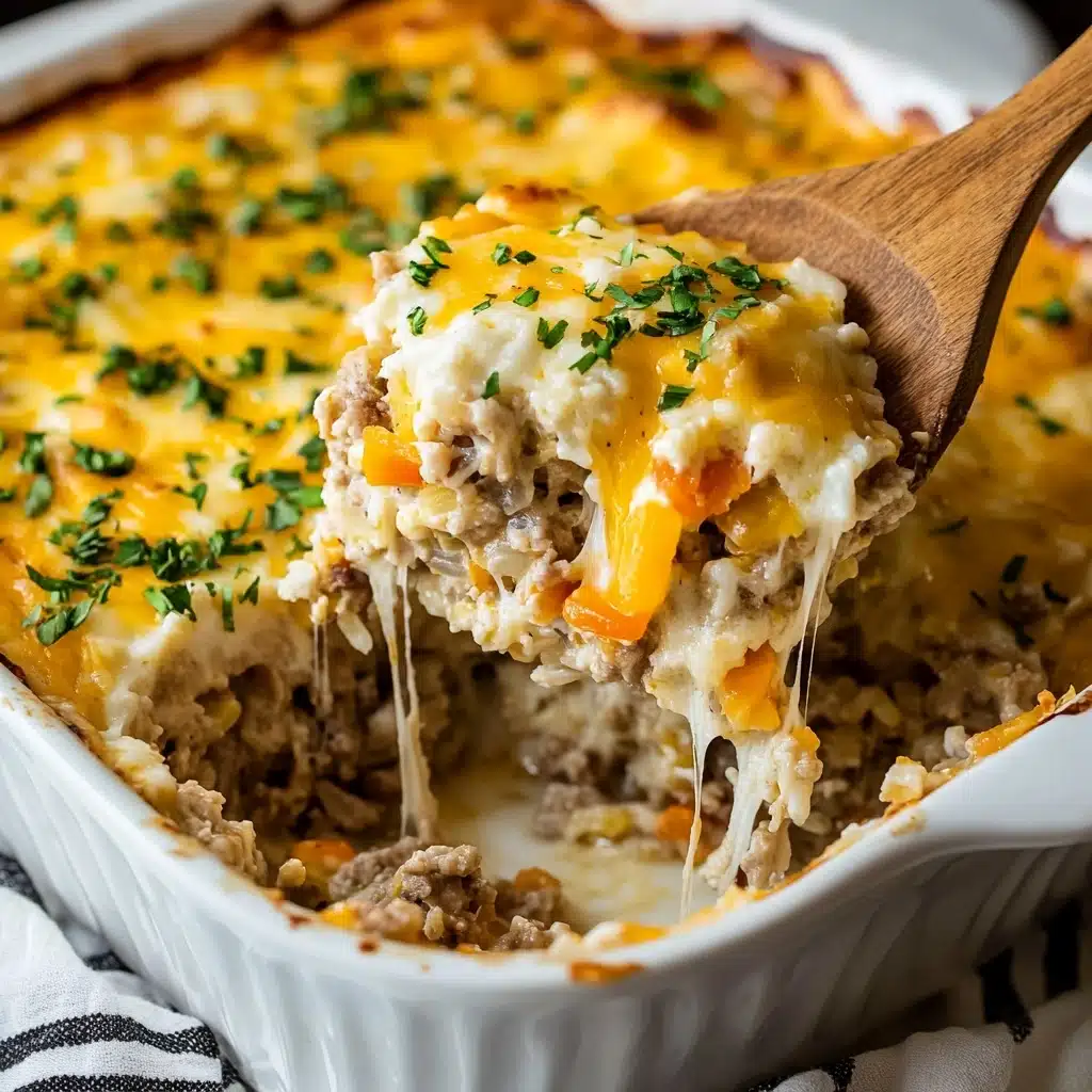 Cheesy Ground Beef and Rice Casserole, Ground Beef and Rice Bake, Easy Cheesy Beef Casserole, Hearty Rice and Beef Casserole, Comfort Food with Ground Beef A white baking dish holds a layered casserole with a top layer of melted yellow and white cheese sprinkled with chopped green herbs. Underneath, there is a thick layer of cooked ground meat mixed with vegetables and rice, which looks soft and moist. The middle layer includes rice mixed with small orange and yellow vegetable pieces. Part of the casserole is being lifted by a wooden spoon, showing stretchy, melted cheese strands connecting the lifted portion with the dish. The dish rests on a cloth with black and white stripes and the background is a white marbled texture.