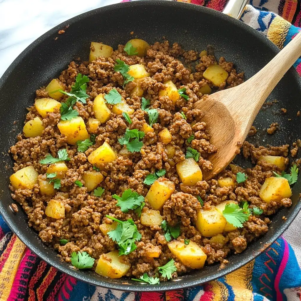 Mexican Picadillo, Mexican Picadillo recipe, savory beef picadillo, hearty Mexican ground beef dish, versatile Mexican filling In the image, there is a large black pan filled with a mixture of cooked ground meat and small diced yellow potatoes. The meat is brown and crumbly, evenly spread throughout the pan. The potato pieces are light yellow and scattered within the meat, adding some texture contrast. Small bright green cilantro leaves are sprinkled on top, adding a fresh touch of color. A wooden spoon is partially dipped into the mixture on the right side. The pan sits on a white marbled surface with a vibrant woven cloth underneath showing red, yellow, orange, black, and blue stripes.