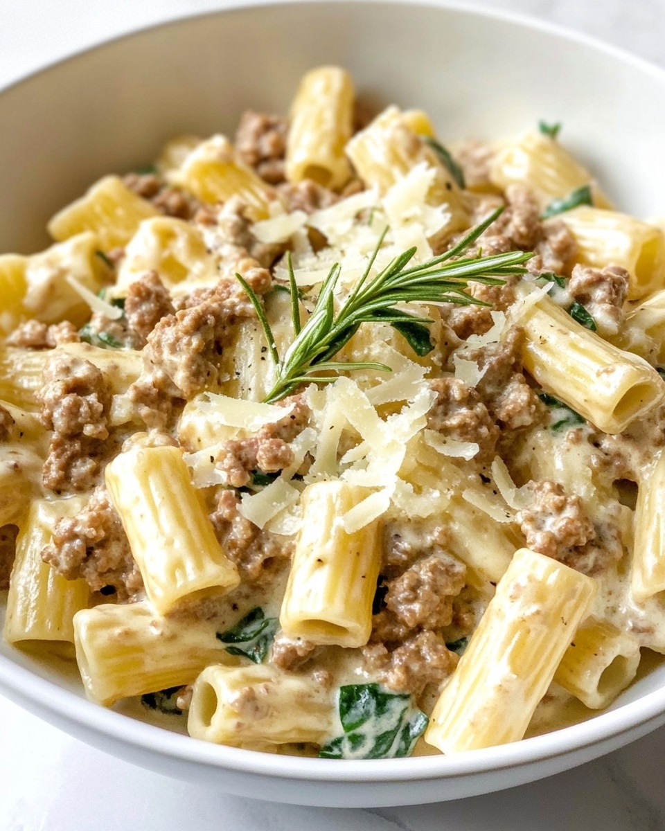 Creamy Sausage and Spinach Pasta, Italian sausage pasta, easy creamy pasta recipe, weeknight pasta dinner, quick pasta with sausage and spinach A white bowl filled with a creamy pasta dish consisting of short tube-shaped pasta mixed with small pieces of cooked ground meat and wilted green leafy vegetables, all coated in a light creamy sauce with some visible shredded cheese and small red flakes evenly spread throughout. A sprig of fresh rosemary rests on the edge of the bowl, which sits on a white marbled surface. The overall texture looks rich and slightly chunky, with the colors mainly light beige from the sauce and pasta, green from the leaves, and brown from the meat.