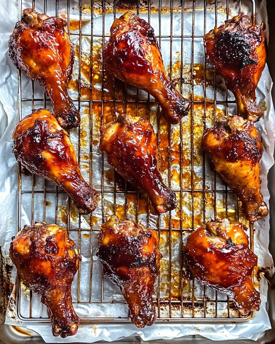 Baked BBQ Chicken Drumsticks, BBQ chicken drumsticks recipe, easy baked chicken dinners, flavorful baked chicken thighs, juicy BBQ chicken The image shows nine pieces of cooked chicken drumsticks arranged on a metal rack over a white tray lined with foil. The drumsticks have a deep reddish-brown color with a shiny, sticky surface from the sauce, showing charred and caramelized spots. The foil underneath has dark brown spots of cooked sauce and drippings, creating a textured and slightly messy look. The drumsticks vary in size and are placed in two uneven rows across the rack.
