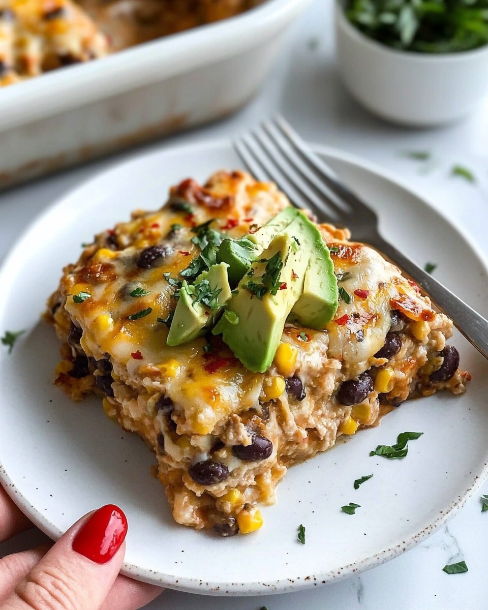 Southwestern Chicken and Rice Bake, Southwest chicken and rice casserole, easy southwestern chicken recipes, cheesy chicken and rice bake, quick weeknight chicken bake A white plate holds a square piece of a baked dish made of mixed ingredients including melted yellow and white cheese, black beans, corn, and small bits of tomato, all topped with diced green avocado and sprinkled with green herbs and red chili flakes. The texture looks creamy and cheesy with some visible chunks of vegetables. A fork rests on the plate’s edge, and in the lower left, a woman's hand with red nail polish holds the plate. In the blurred background, a white baking dish filled with the same dish is visible on a white marbled surface, along with a small white bowl of green herbs.
