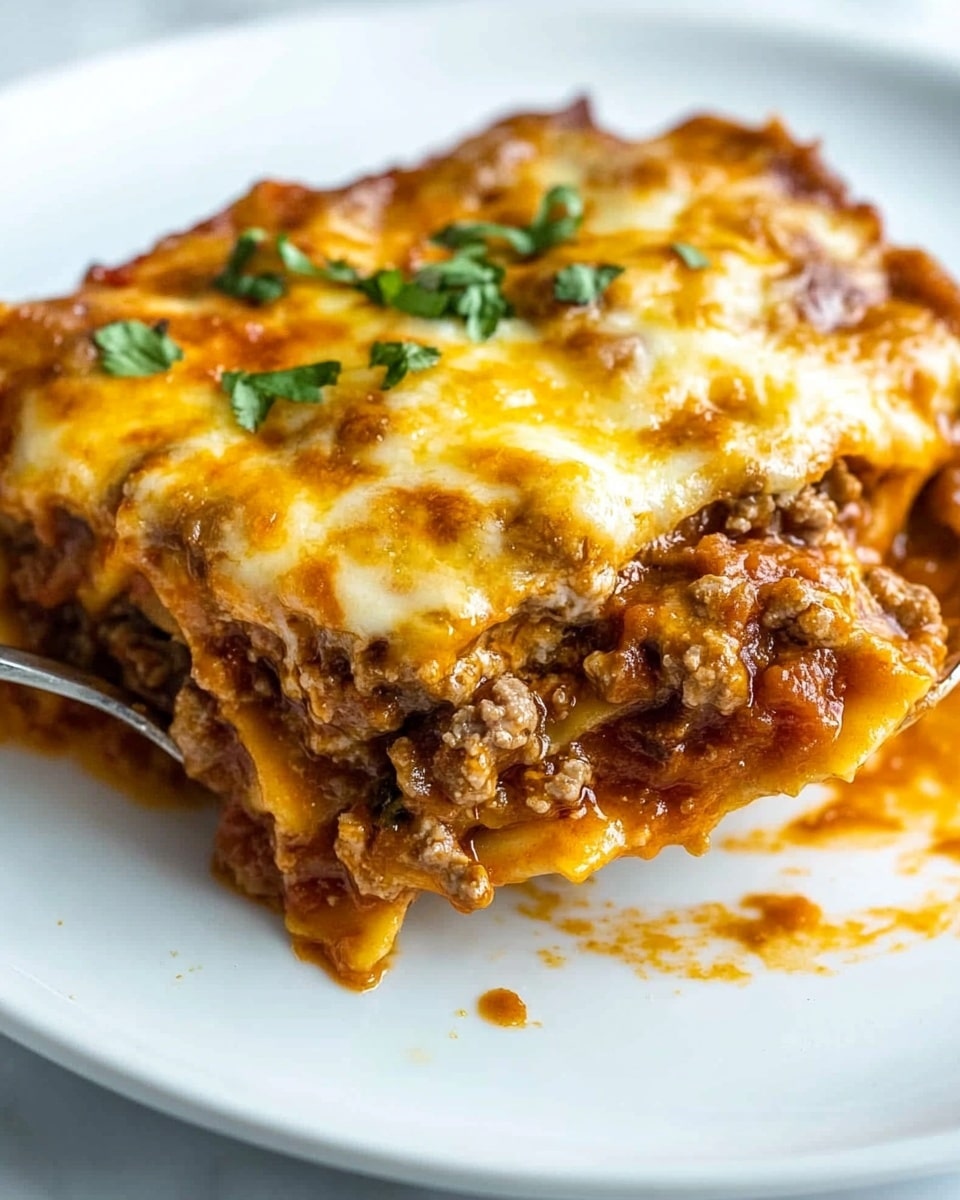 Beef Enchilada Casserole, easy enchilada casserole, cheesy beef casserole, Mexican dinner ideas, quick weeknight dinner A white plate holds a three-layer lasagna with visible layers of rich, brown meat sauce mixed with cooked onions, creamy melted yellow cheese between each flat pasta layer, and a shiny, slightly oily sauce coating the top. Small green herbs are scattered on top for a pop of color. The lasagna looks soft and moist with sauce spilling slightly onto the white marbled surface underneath.