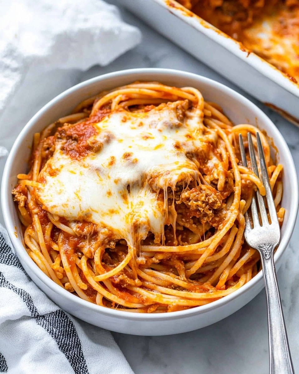 Million Dollar Spaghetti, easy baked spaghetti casserole, cheesy spaghetti bake, hearty family dinner ideas, best spaghetti recipes A white bowl filled with baked spaghetti, showing layers of thick spaghetti noodles mixed with a red tomato sauce and small pieces of cooked meat. The top layer has melted and browned cheese, slightly bubbly and unevenly spread, with some areas more golden than others. A silver fork is placed inside the bowl on the right side, partially touching the spaghetti. The bowl is set on a white marbled surface with a folded white cloth with thin black stripes on the bottom left corner. In the background, there is a white baking dish filled with more baked spaghetti, showing a similar golden cheese top layer.