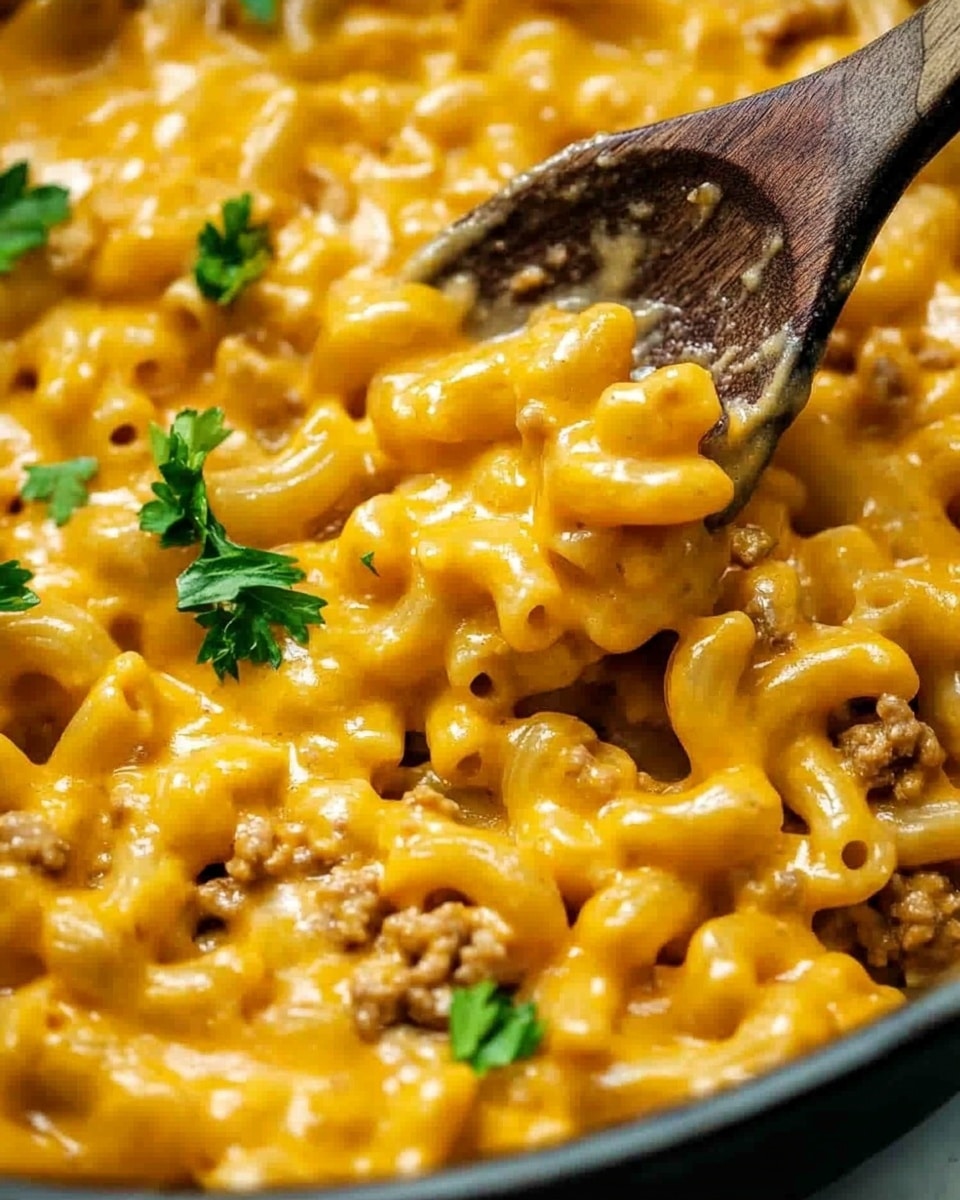 One Pot Cheeseburger Helper, Easy Cheeseburger Dinner, Quick Comfort Food, Family-Friendly Cheeseburger, One Pan Ground Beef Recipes The image shows a close-up of a creamy, thick macaroni dish with a smooth, shiny orange cheese sauce coating the curved pasta pieces evenly. Small bits of cooked ground meat are mixed throughout, adding texture and a slightly brown color variation. Fresh green parsley leaves are scattered on top, giving a bright contrast to the warm, cheesy colors. A wooden spoon lifts a portion of the macaroni, showing the sauce’s rich and smooth texture. The background is a white marbled surface.