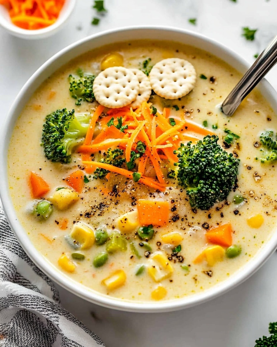 One Pot Creamy Vegetable Soup, creamy vegetable soup, easy veggie soup, healthy vegetable soup, hearty vegetable soup A white pot filled with creamy soup that has a light yellow color with visible small dark herb flakes throughout. The soup contains chunks of green broccoli, orange carrot slices, and pale yellow potato pieces. There is a heap of shredded orange cheese and chopped green herbs sprinkled on top in the center. A wooden spoon with a light brown handle rests inside the pot, partially covered by the soup. Around the pot, there are two small white bowls, one with green herbs and the other with red chili flakes, all set on a white marbled surface. A folded blue and white striped cloth is underneath one side of the pot.