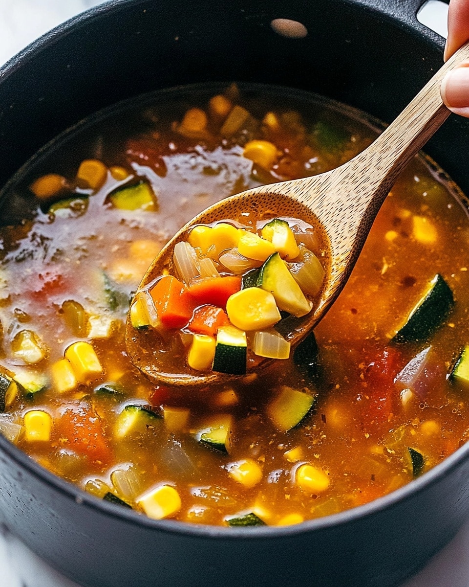 Caldo de Res Mexican Beef Soup, Mexican Beef Soup recipe, hearty Mexican soup, authentic Caldo de Res, comforting Mexican beef broth A close-up of a black pot filled with vibrant vegetable soup, showing a rich orange broth with visible layers of bright yellow corn pieces, green zucchini chunks, orange carrot slices, and some light-colored onions, along with small pieces of meat. A wooden spoon is held above the pot by a woman's hand, lifting a spoonful of soup featuring a bright yellow corn piece, green zucchini, and red tomato chunks. The background is a white marbled surface.