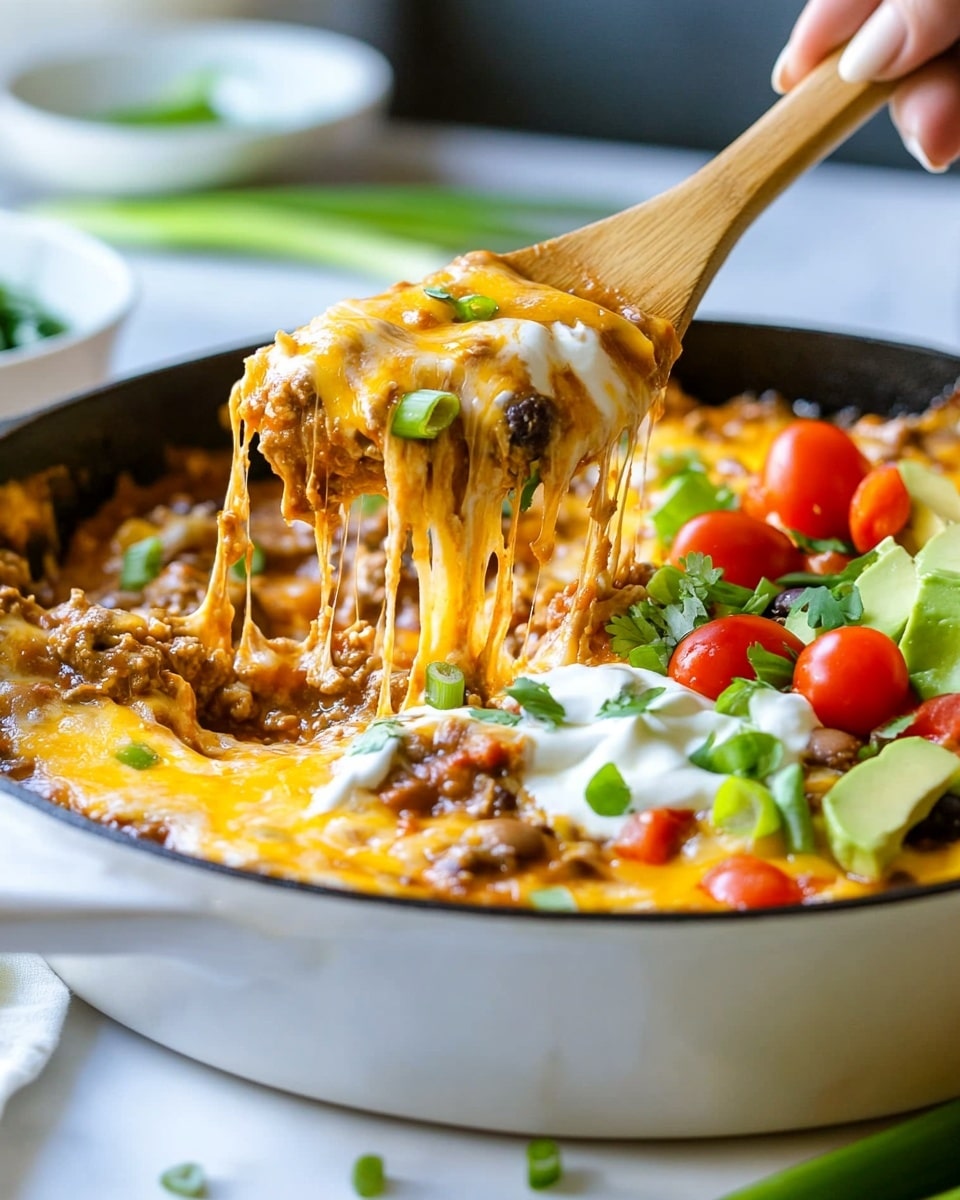 Chicken Black Bean Enchilada Skillet, quick chicken skillet dinner, easy Mexican chicken recipe, one-pan enchilada skillet, simple weeknight chicken dish A large white cast iron pan filled with a colorful layered dish. The bottom layer is a rich brown sauce mixed with beans and meat. On top, shredded yellow and white melted cheese stretches as a woman's hand lifts a wooden spatula full of the cheesy mixture. Bright red cherry tomato pieces, green avocado cubes, and small green onion slices are scattered over the cheese and sour cream dollops, adding fresh colors. The background shows a white marbled surface with a few green onion stalks and a couple of white and pale blue bowls softly blurred.