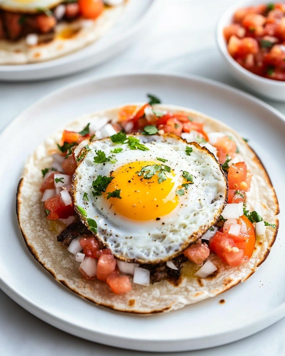 Fresh Huevos Rancheros, Huevos Rancheros breakfast, Mexican brunch recipes, vibrant breakfast ideas, easy huevos rancheros A white plate holds a dish with four main layers: at the bottom is a soft tortilla, covered with a layer of dark refried beans; on top of the beans is a layered fried egg with a bright, glossy yellow yolk in the center and white edges; over the egg is a chunky red salsa with visible tomato pieces; lastly, fresh pico de gallo with diced red tomatoes, white onions, and green cilantro sits on last. To the right side of the plate, a fork and knife with wooden handles rest, and the plate is placed on a white marbled surface with a white cloth with a blue stripe partly visible nearby.