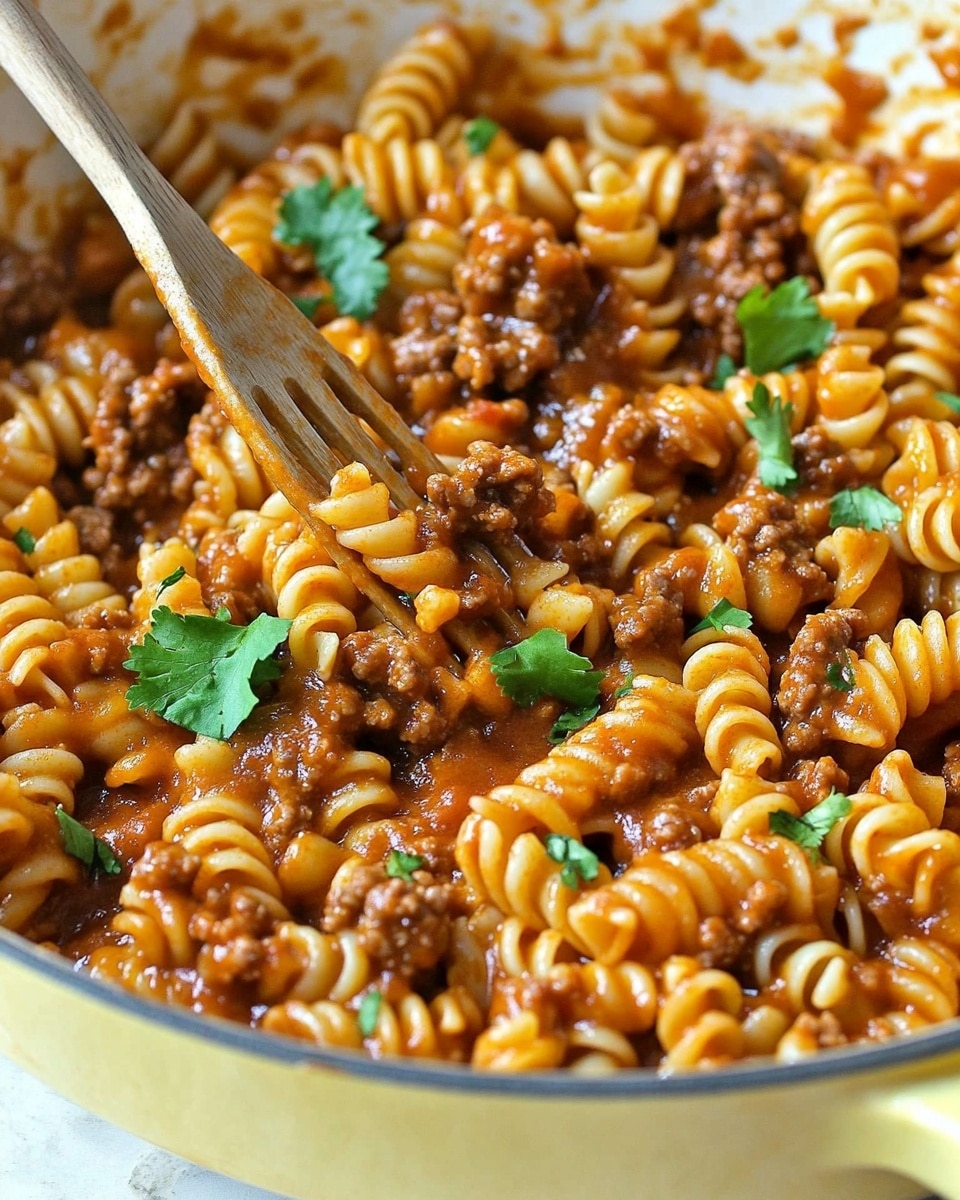 One-Pot Cheesy Taco Pasta, quick taco pasta dinner, easy taco pasta recipe, creamy taco pasta, weeknight taco pasta A close-up view of a pan filled with twisted rotini pasta mixed with ground meat and a rich reddish-brown sauce. The pasta is coated evenly with the sauce, giving it a shiny look, and small green cilantro leaves are scattered on top, adding a fresh touch. The pan is pale yellow with high edges, and a wooden pasta fork is partially visible in the top left corner, stirring the mixture. The background surface is white with a marbled texture.