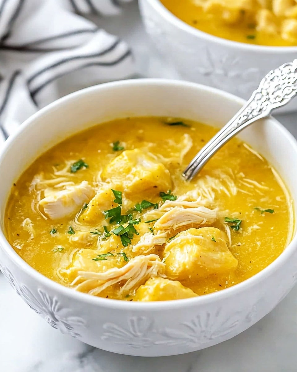 Slow Cooker Chicken and Dumplings, easy chicken and dumplings, comfort food recipes, hearty slow cooker dinner, kid-friendly chicken recipes The image shows a white bowl filled with a thick yellow soup with visible chunks of soft, golden pieces and shredded white chicken mixed throughout. The soup has a creamy texture with small green herbs sprinkled on top. There is a silver spoon with an intricate floral design resting inside the bowl. In the background, another white bowl is slightly visible, containing similar yellow chunks. The scene is set on a white marbled surface with a folded striped cloth nearby.