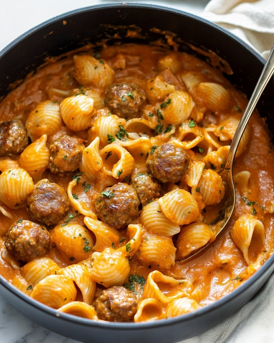 Meatball Pasta, Italian meatball pasta dish, easy meatball pasta dinner, family-friendly pasta recipes, comfort food pasta A white bowl on a white marbled surface is filled with small round pasta shells and medium-sized meatballs mixed in a thick orange-colored sauce. The sauce coats each pasta piece and meatball evenly, giving a creamy texture. Small green herb bits are sprinkled on top, adding color contrast. Part of a white cloth is visible in the top right corner, and another similar bowl partially appears in the top left.
