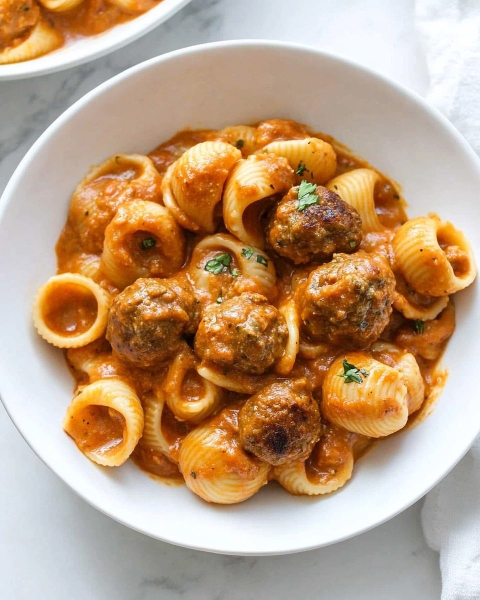 Meatball Pasta, Italian meatball pasta dish, easy meatball pasta dinner, family-friendly pasta recipes, comfort food pasta A white bowl filled with round pasta shells coated in a smooth orange sauce, mixed with small, round meatballs evenly spread throughout. The pasta and meatballs have a shiny texture, with small green herb bits sprinkled on top for a touch of color. The bowl is placed on a surface with a white marbled texture.
