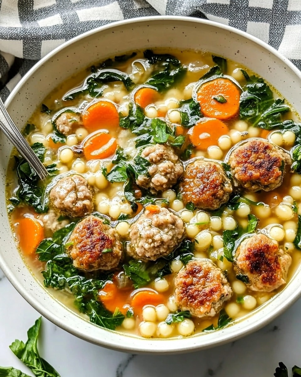 Italian Wedding Soup, Italian Wedding Soup recipe, homemade Italian Wedding Soup, comforting Italian Wedding Soup, easy Italian Wedding Soup The image shows two white bowls filled with a warm soup made of small round pasta, bright orange carrot slices, and green spinach leaves mixed with browned meatballs or dumplings, all floating in a light broth. The soup is sprinkled with chopped fresh parsley, adding a fresh green touch on top. A silver spoon rests inside the front bowl, and the bowls sit on a white marbled surface. Around the bowls, there is a green and white checkered cloth, a small white bowl with chopped herbs, a small wooden bowl with pepper, and a smaller bowl of grated white cheese, with some loose parsley leaves spread nearby.