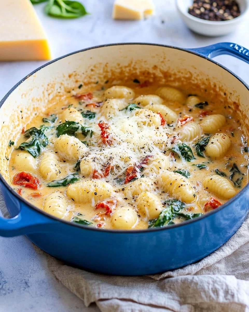 A blue pot filled with creamy gnocchi in a thick sauce with visible layers of light green spinach leaves and reddish sun-dried tomato pieces mixed throughout. The gnocchi are soft and plump, covered in the sauce that has a light yellowish color. A small pile of finely shredded white cheese sits on top in the center, with some black pepper sprinkled over it. The pot is placed on a beige cloth covering a white marbled surface, with a wedge of pale yellow cheese and a small white bowl of dark pepper visible in the blurred background. Photo taken with an iphone --ar 4:5 --v 6.1