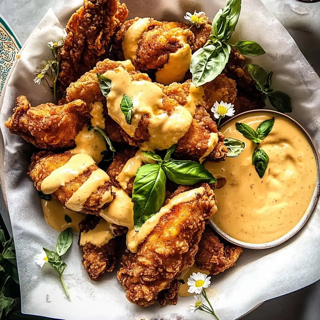 Pretzel Chicken Fingers with Honey Mustard Cheese Sauce. Recipe - Recipe Image