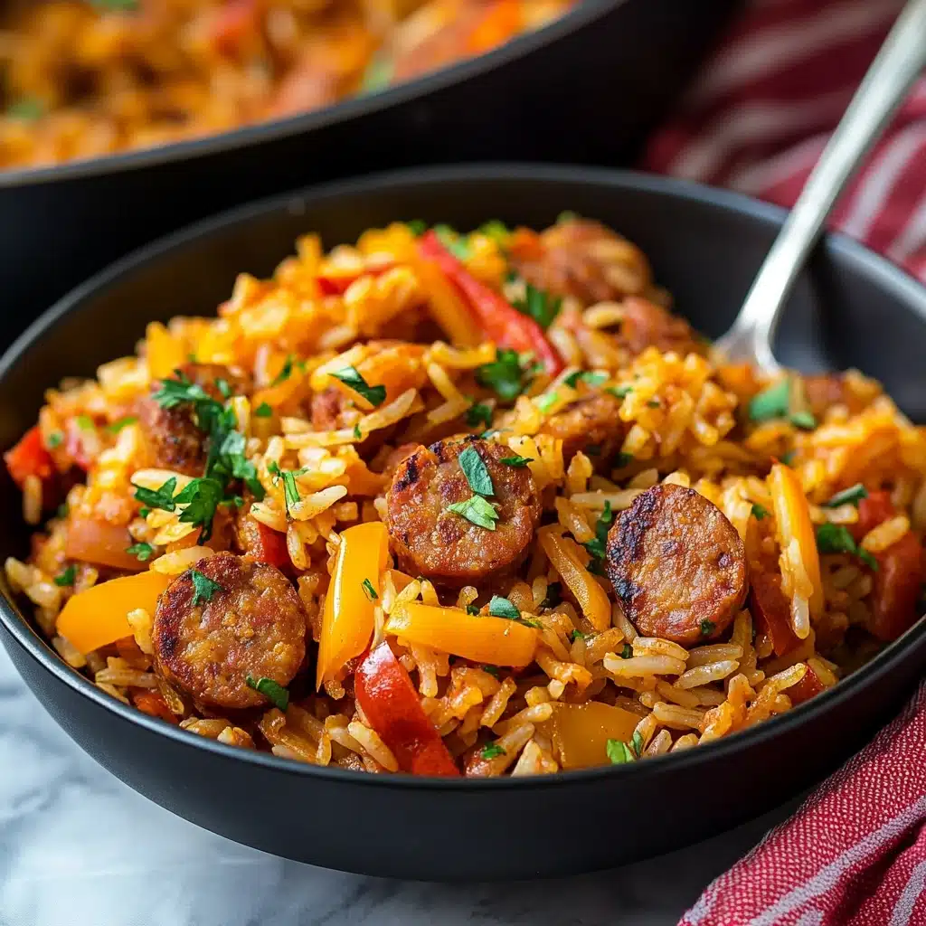 Sausage and Rice Skillet, easy sausage and rice dinner, one-pan sausage recipes, quick weeknight skillet meal, hearty sausage rice dish A close-up of a black bowl filled with cooked rice mixed with sliced sausage pieces, red and yellow bell pepper strips, and garnished with green herbs. The rice is orange-brown in color, showing that it is seasoned, and the sausage slices have a browned texture. The bowl is placed on a white marbled surface with a silver spoon resting inside. In the blurred background, there is a large pan filled with more of the rice dish and a red and white striped cloth beside it.