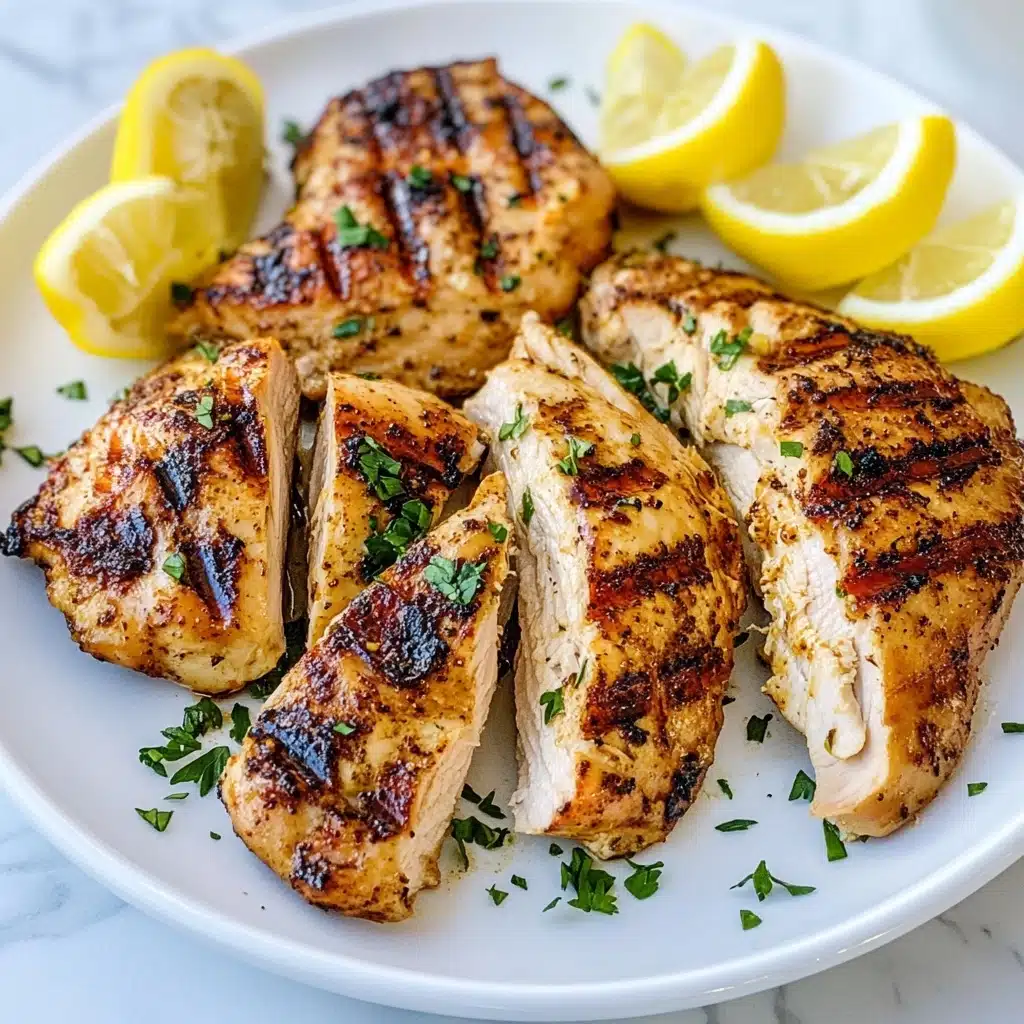 Grilled Juicy Ginger-Lemon Chicken, citrus grilled chicken, healthy grilled chicken recipe, easy lemon ginger chicken, summer grilled chicken A white plate holds two large grilled chicken pieces with a golden-brown color and dark grill marks. In front, one grilled chicken piece is sliced into several thick strips showing a light interior with browned edges. Bright yellow lemon wedges are placed around the chicken, some leaning against the meat. Green chopped herbs are sprinkled lightly on top of the chicken and lemons, adding freshness. The plate sits on a white marbled surface.