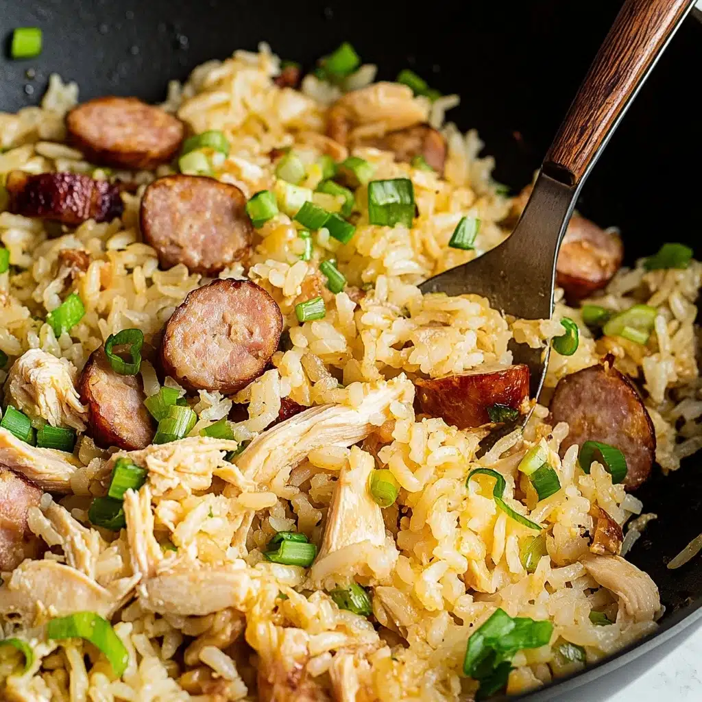Chicken and Sausage Cajun Jambalaya, Cajun Jambalaya recipe, spicy Cajun rice dish, hearty Cajun one-pot meal, easy Cajun chicken and sausage The image shows a close-up of a black pan filled with a mixed dish of light golden yellow rice, brown sliced sausage pieces, and light beige shredded cooked chicken. Bright green chopped green onions are scattered throughout the dish on top of the rice and meat, adding a fresh color contrast. A silver spoon with a dark wooden handle is partially buried in the food, scooping up a mix of rice, sausage, and green onion. The surface beneath the pan is a white marbled texture.